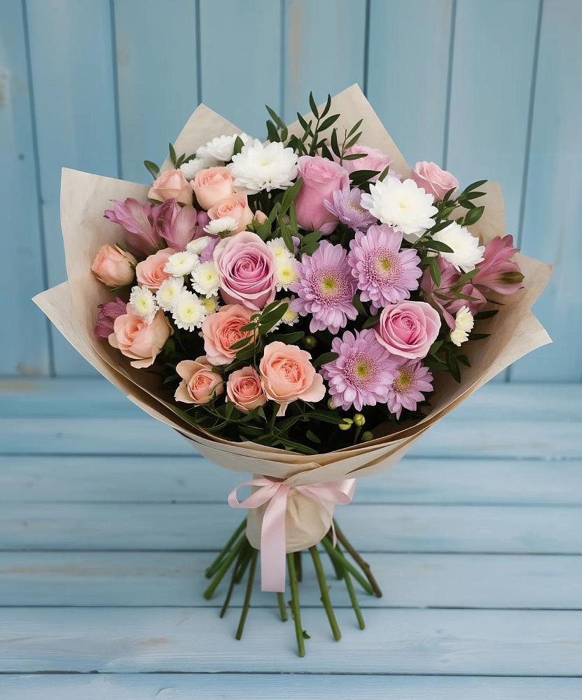 Букет цветов из: Хризантемы, Розы и Альстромерии в Советском Руно