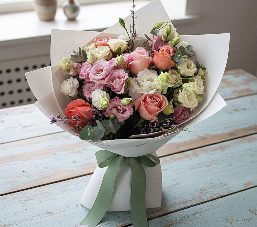 Букет цветов из: Розы, Лизиантусы и Гвоздики в Советском Руно