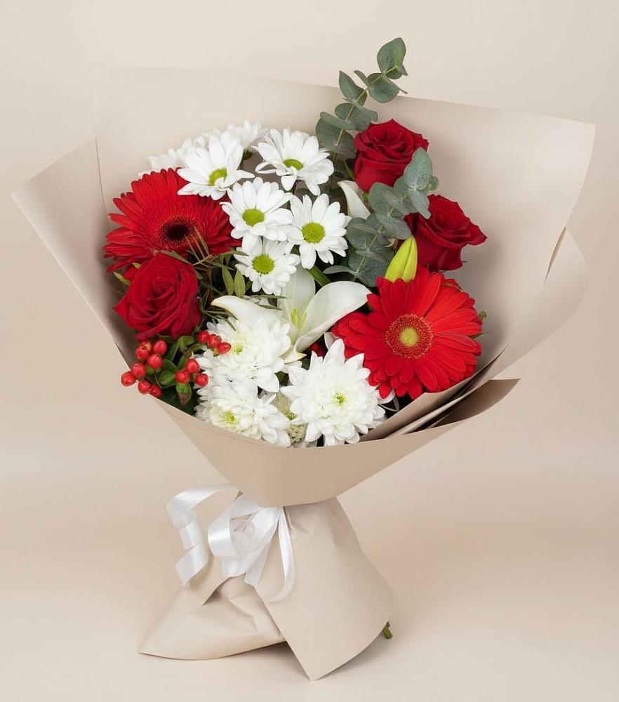 Букет цветов из: Розы, Хризантемы, Герберы и Лилии в Советском Руно