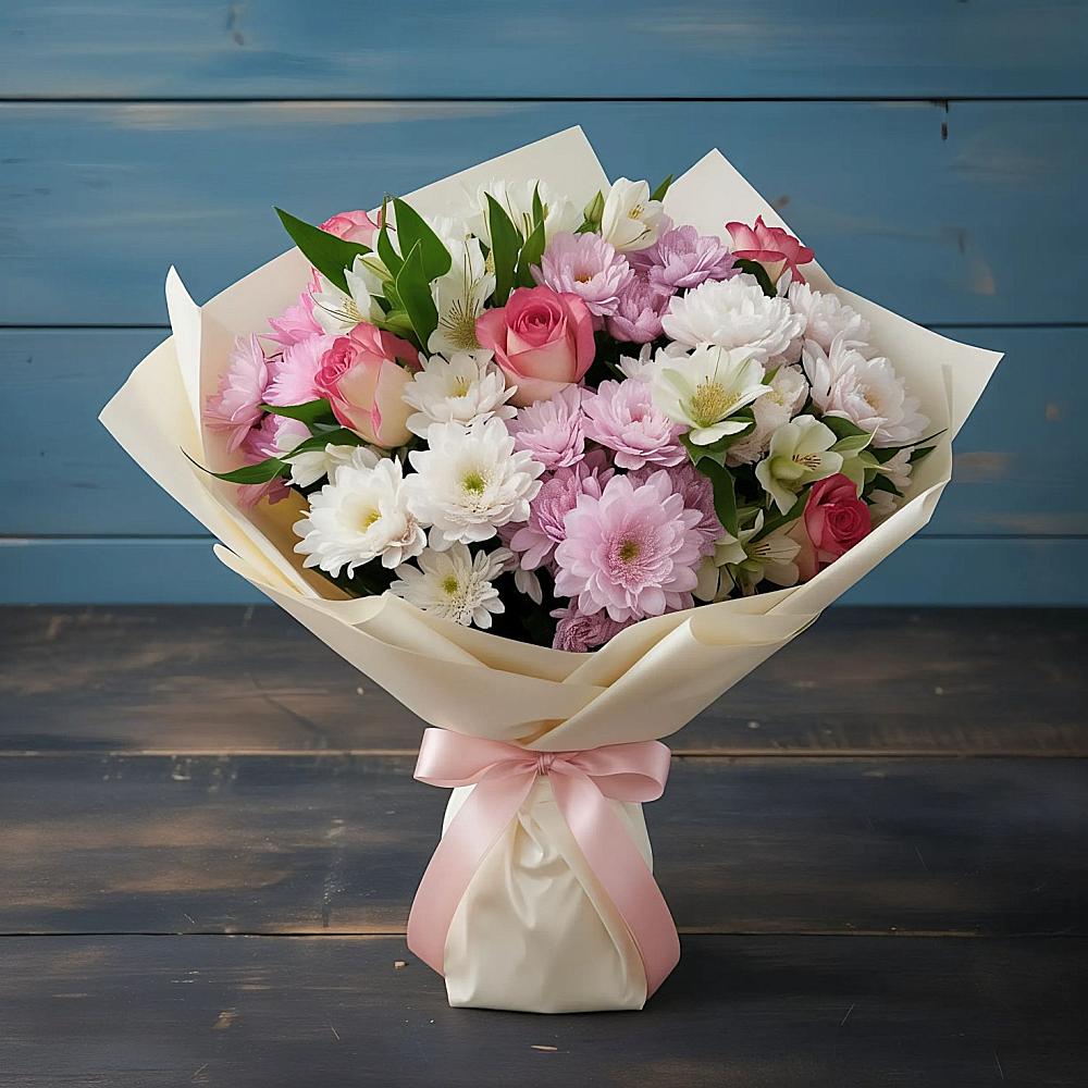 Букет цветов из: Хризантемы, Альстромерии и Розы в Советском Руно